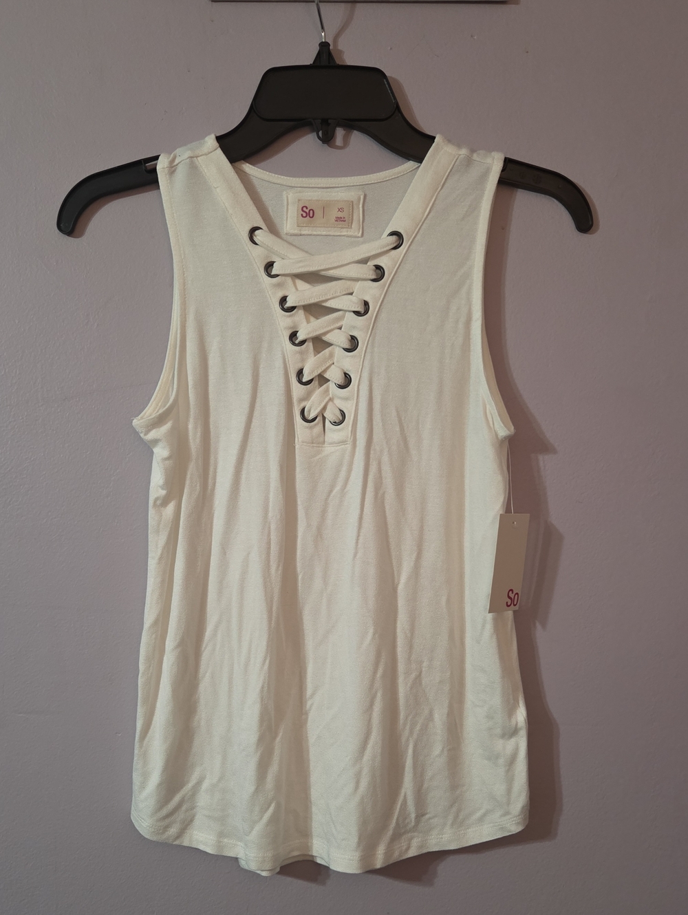 SO Lace-Up Front V-Neck Tank Top in White Juniors XS